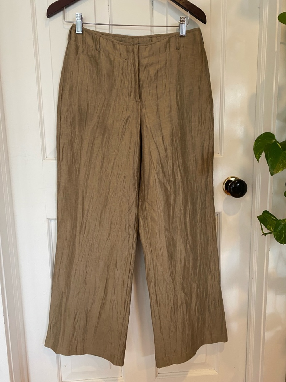 Vintage linen blend Wide-Leg Pants in Tan crinkle texture business casual